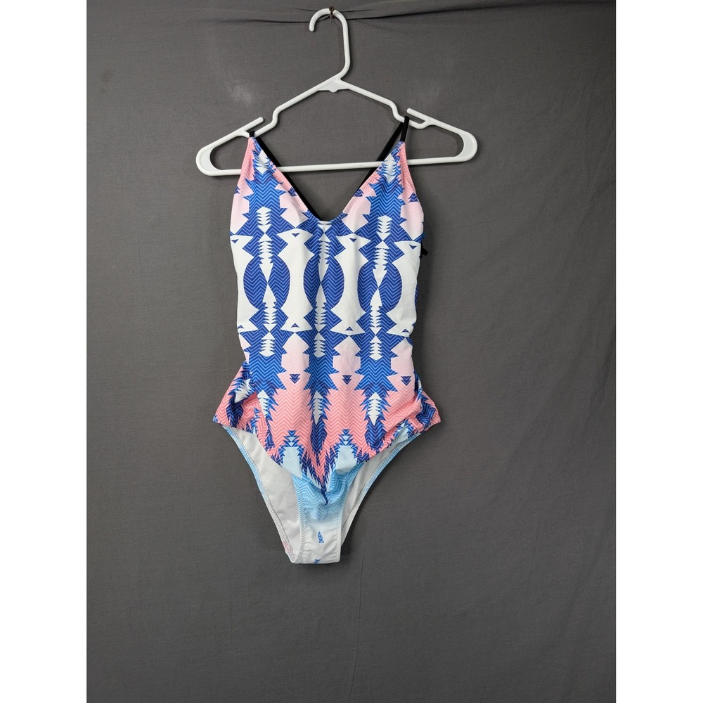 Ekouaer One Piece Swimsuit Geometric Blue Pink White V-Neck Strappy Medium